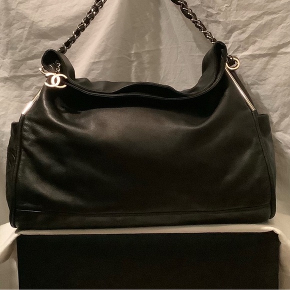 CHANEL Handbags - CHANEL Women's Large Ultimate Hobo Soft Black Lamb’s Skin w/ Silver Accents EUC